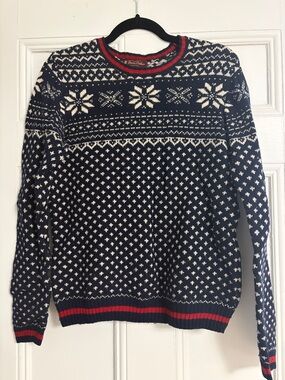 Brooks Brothers Navy and White Fair Isle Crewneck Sweater with Red Trim